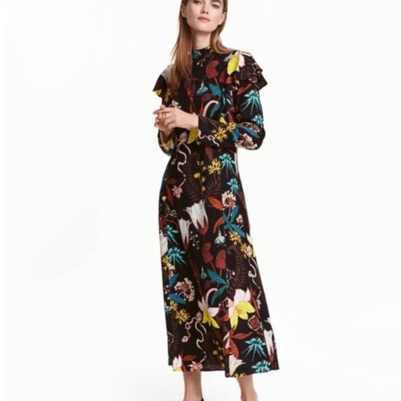 H&M Dresses & Skirts - H&M black jewel toned floral ruffle midi dress, 12